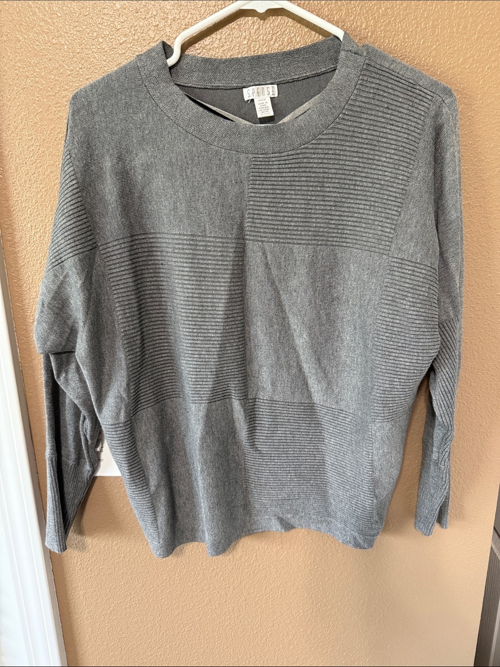 🥳 7/$10!! Spense Gray Crewneck Knit Sweater with Ribbed Block Texture